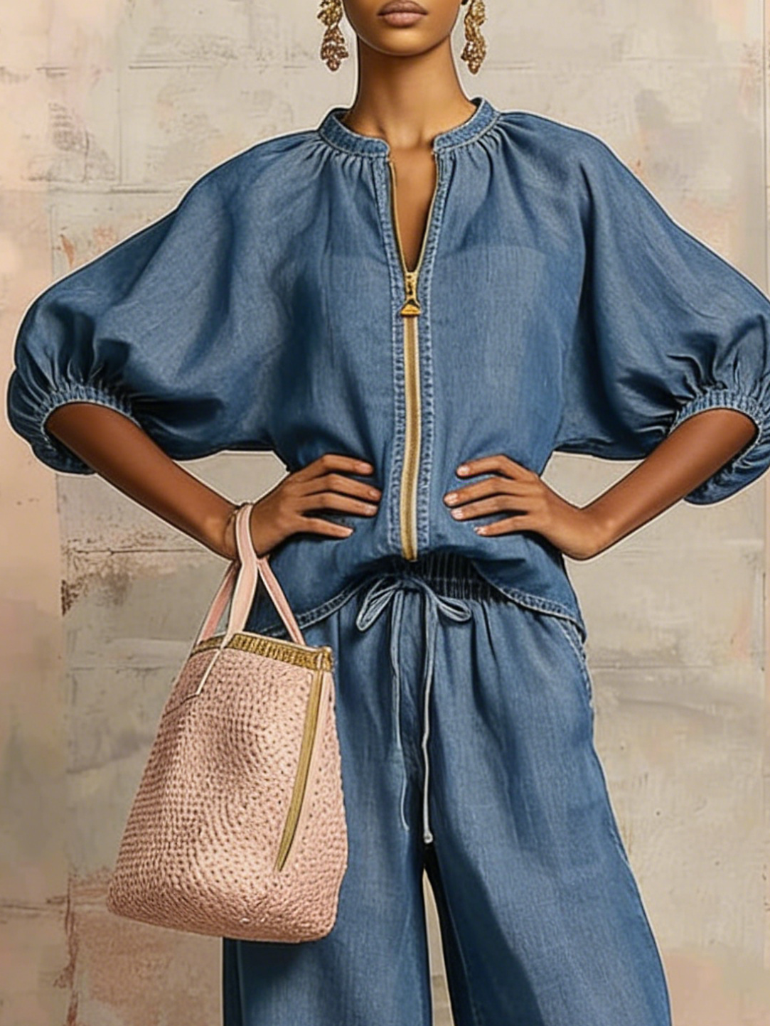Cozy Stylish Zip-up Top And Wide-leg Jeans Set