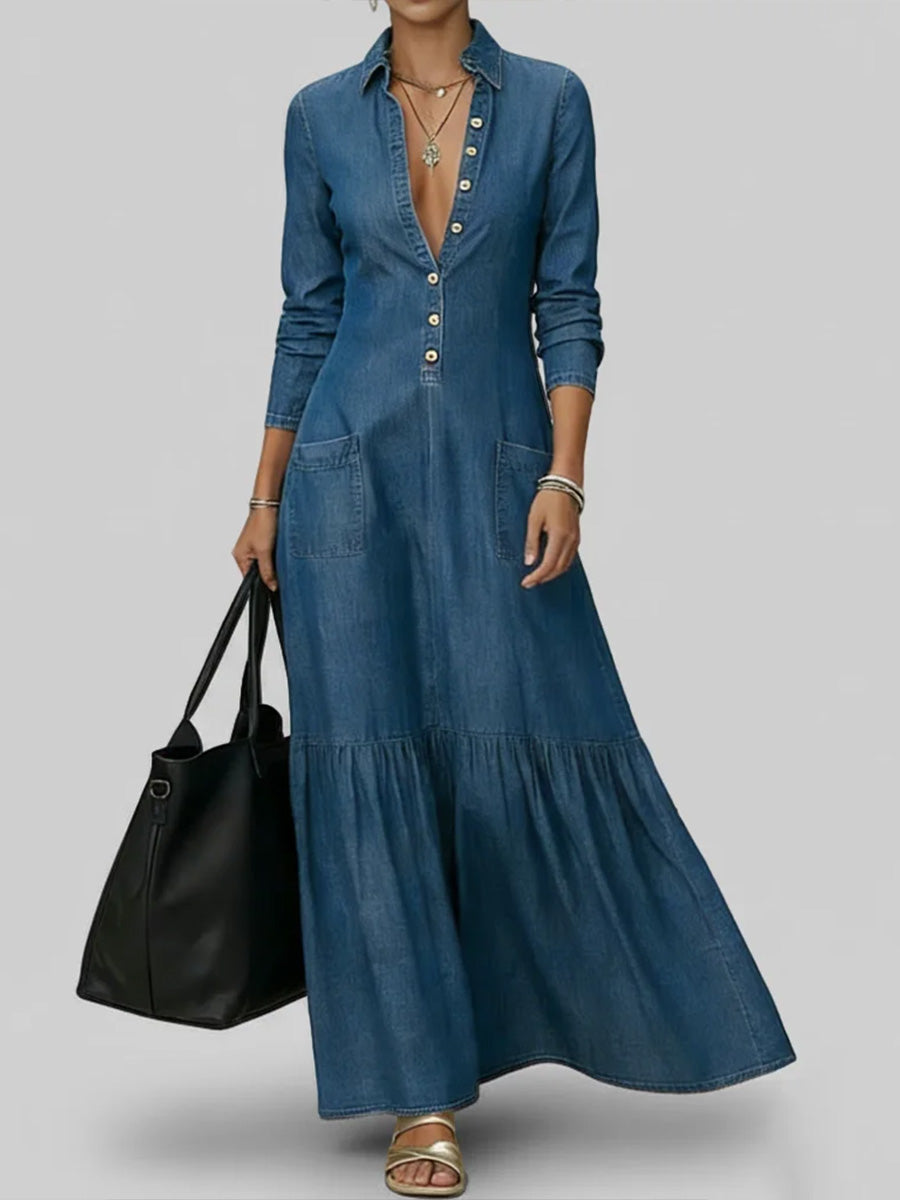 Women's Shirt Collar Long-sleeved Loose A-line Denim Dress