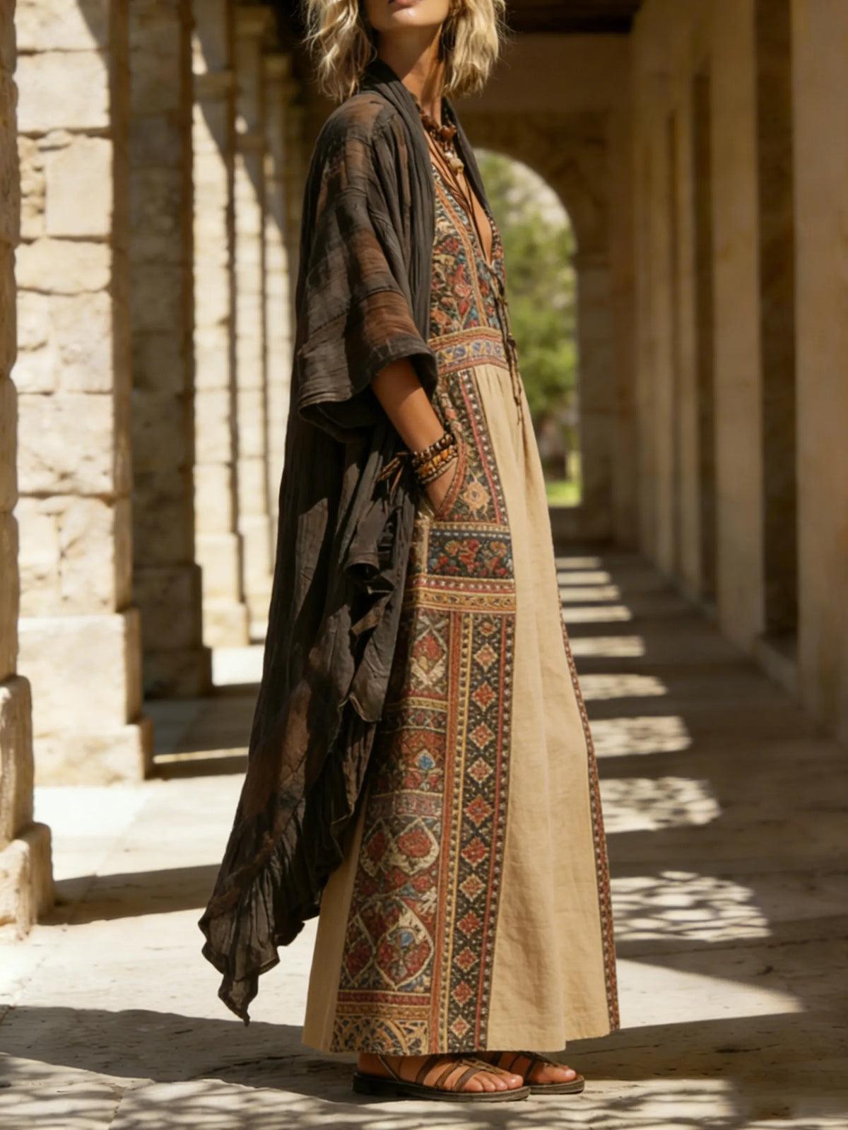 Bohemian Retro Linen Cotton Jumpsuit Cardigan Two-piece Set