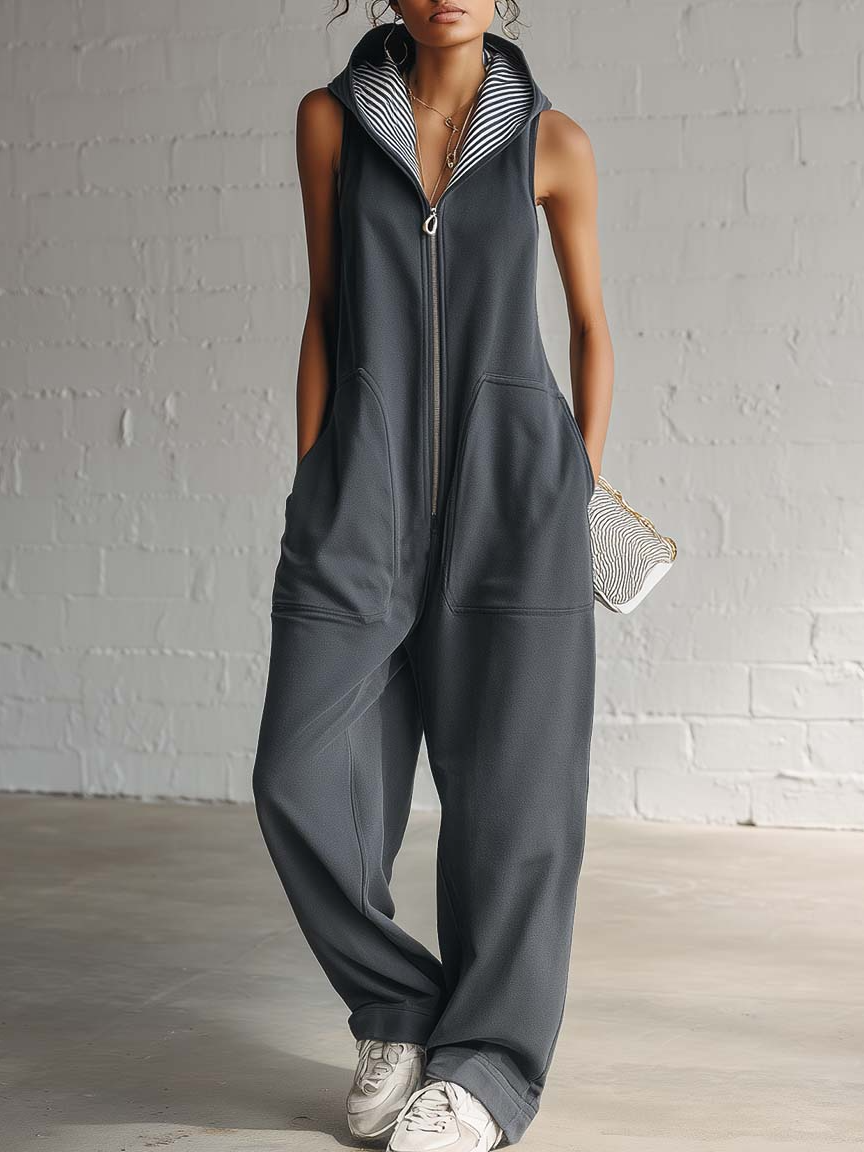Casual And Cozy Hooded Zip-up Jumpsuit