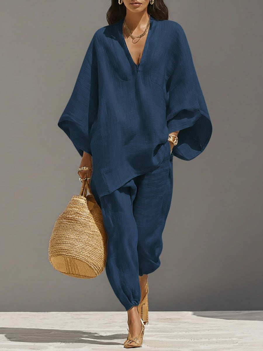 Women's Solid Color V-neck Long Sleeve Casual Loose Cotton Linen Top With Elastic Waist And Wide-leg Pants Set