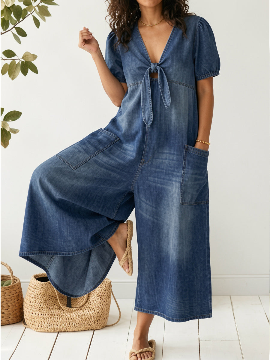 Women's Casual Loose Short-sleeved V-neck Denim Jumpsuit
