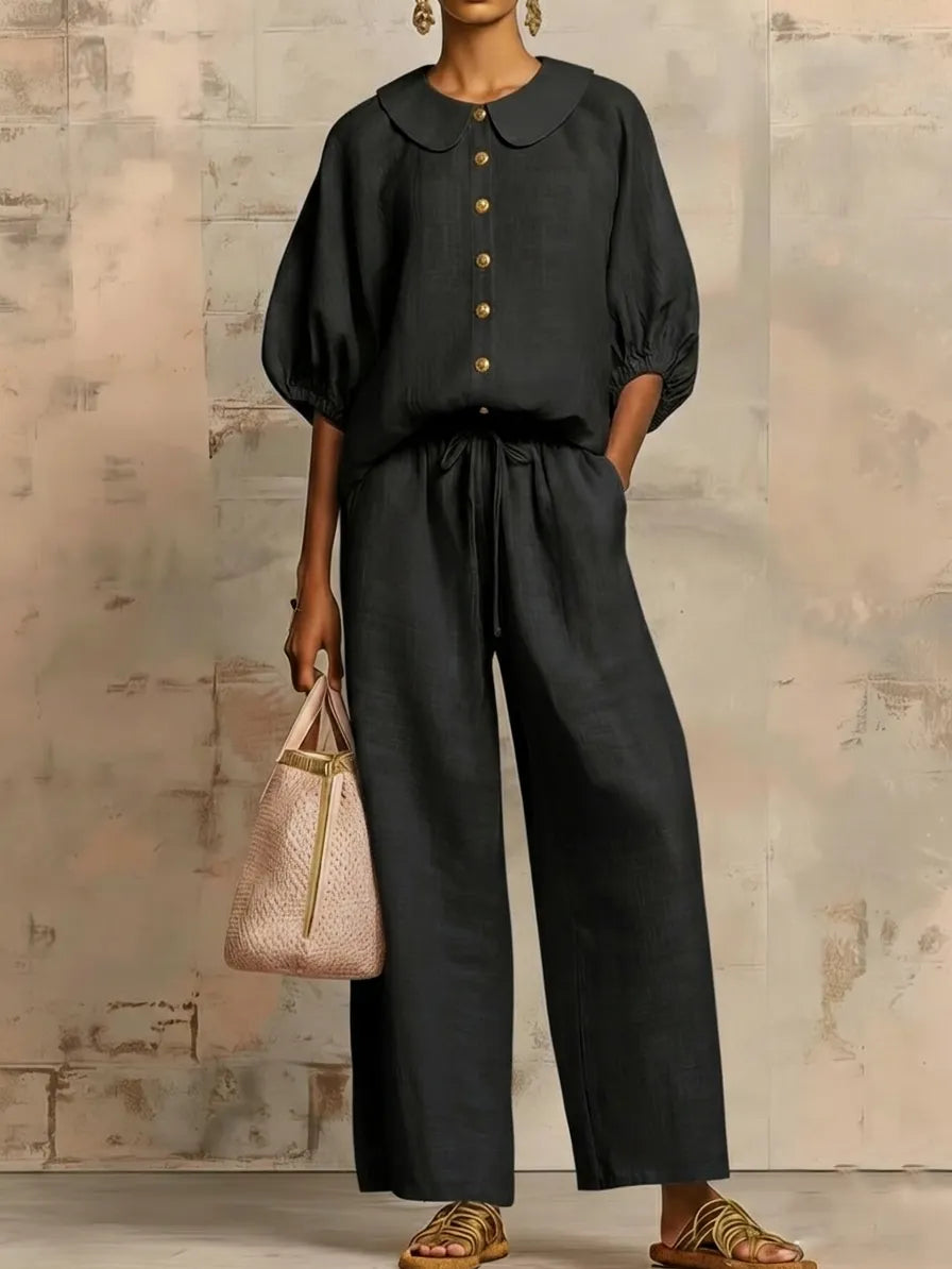 Stylish Peter Pan Collar Shirt And Wide-leg Pant Linen Two-piece Set