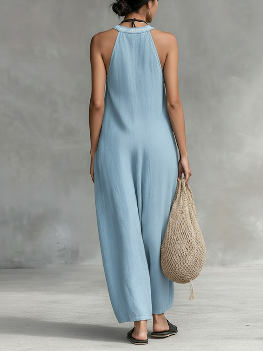 Women's Solid Color V-Neck Halter Neck Sleeveless Casual Loose Cotton Linen Wide-Leg Jumpsuit