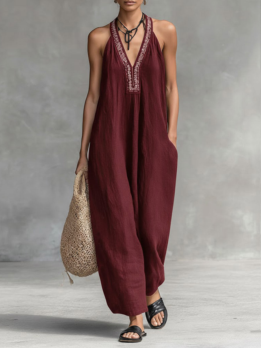 Women's Solid Color V-Neck Halter Neck Sleeveless Casual Loose Cotton Linen Wide-Leg Jumpsuit