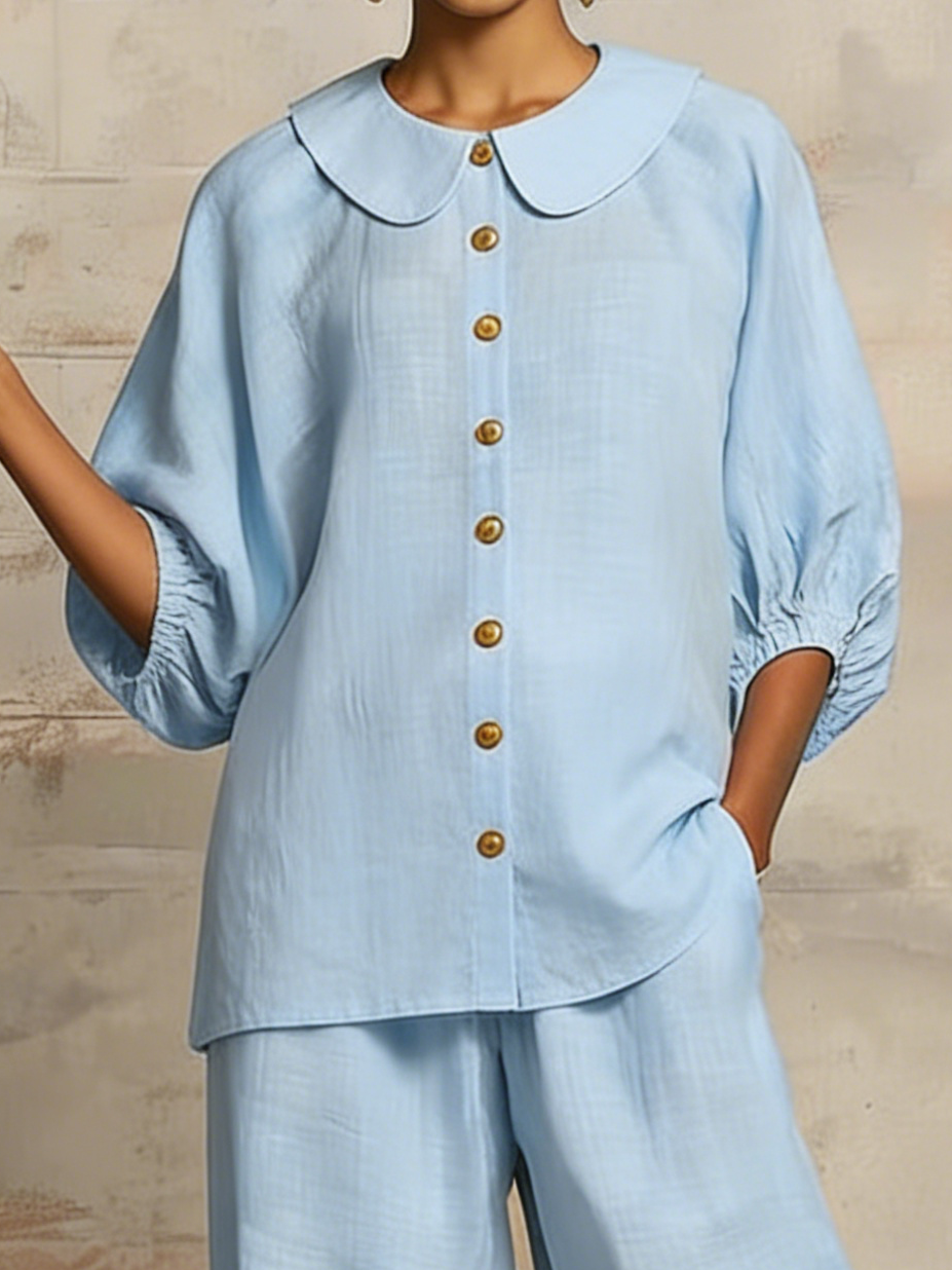 Stylish Peter Pan Collar Shirt And Wide-leg Pant Linen Two-piece Set