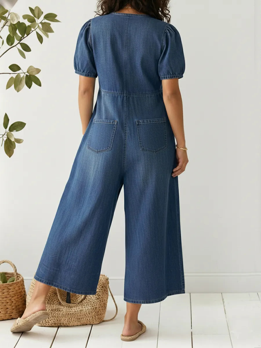 Women's Casual Loose Short-sleeved V-neck Denim Jumpsuit